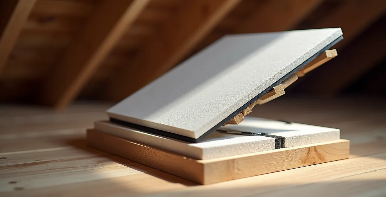 Cross-section view of properly sealed attic hatch with rigid foam dam and compression gasket