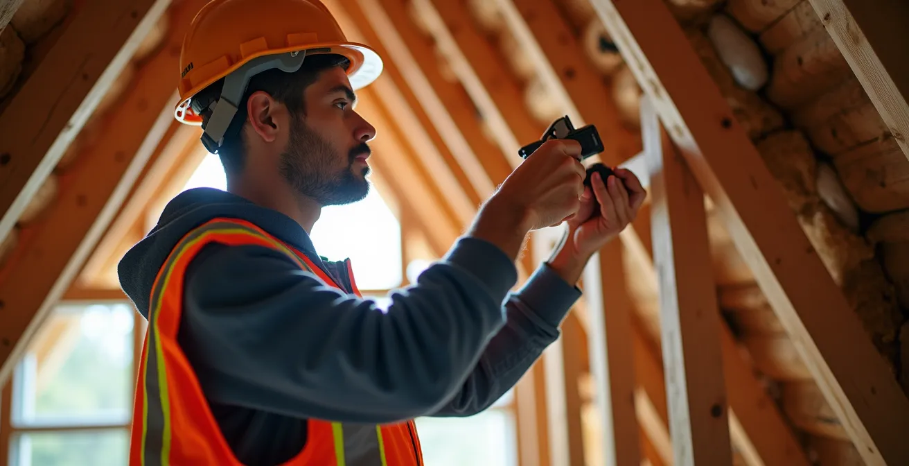 Professional engineer conducting structural assessment in residential attic
