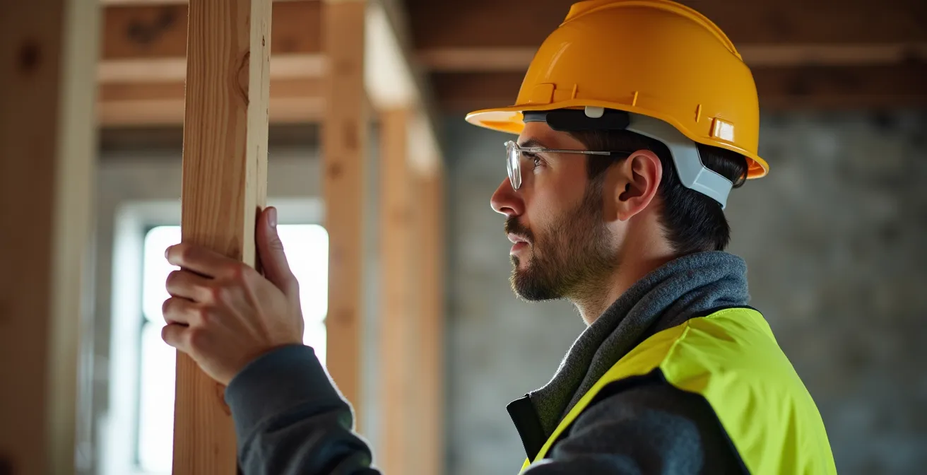 A professional engineer in safety gear intently reviewing the structural elements of a basement renovation.