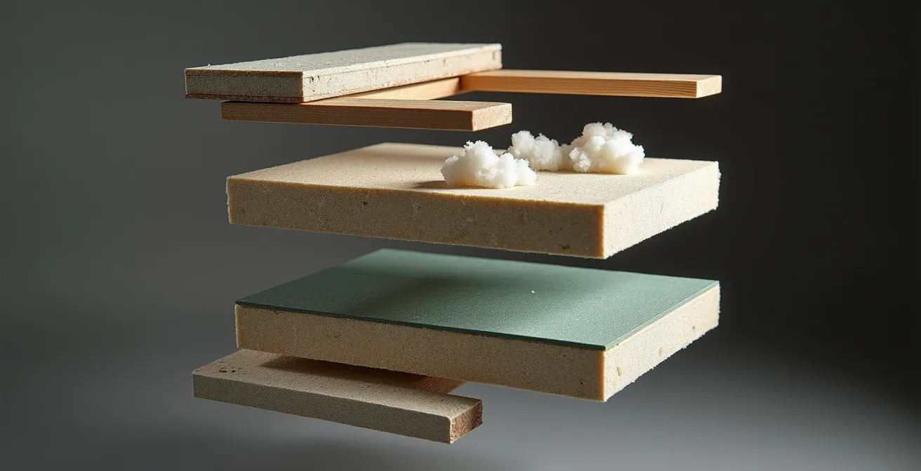Cross-section view of resilient channel ceiling assembly with multiple layers