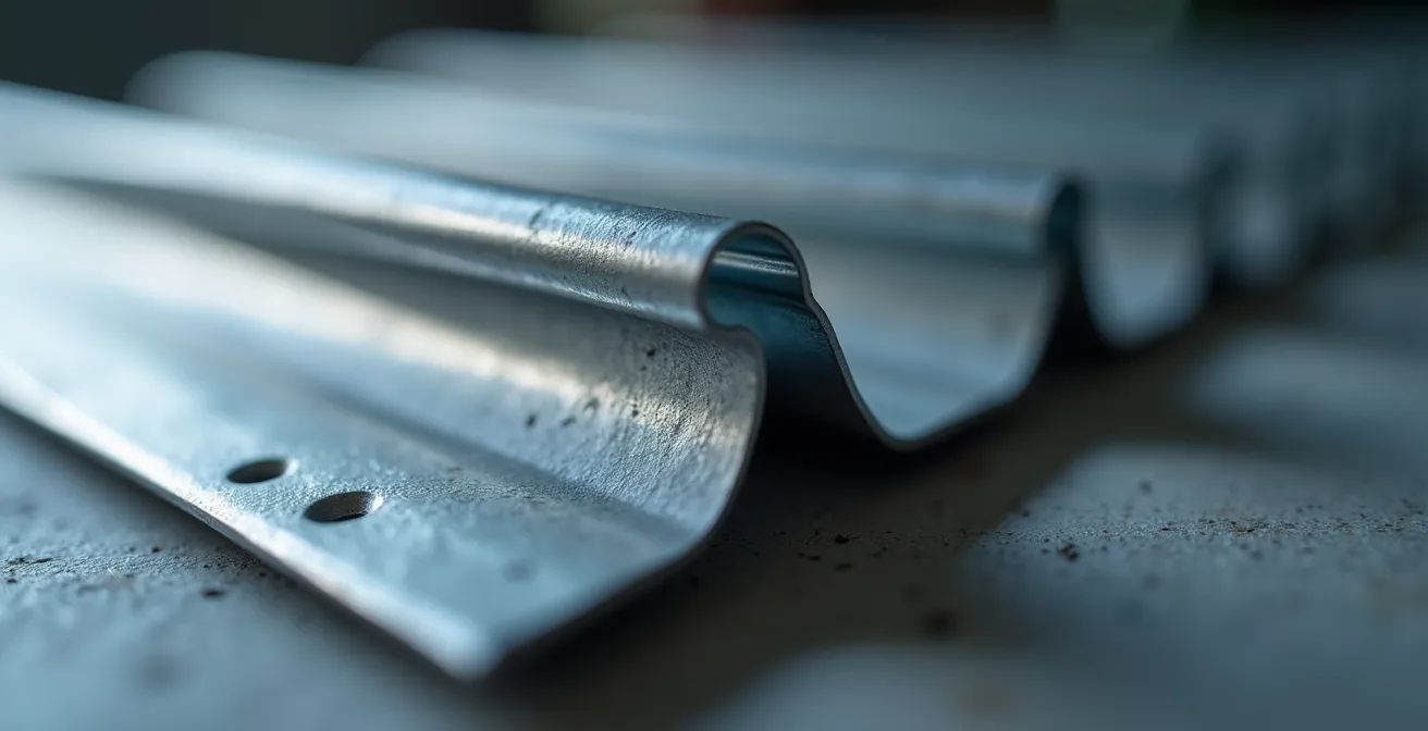 Extreme close-up photograph of resilient channel metal profile attached to wall stud