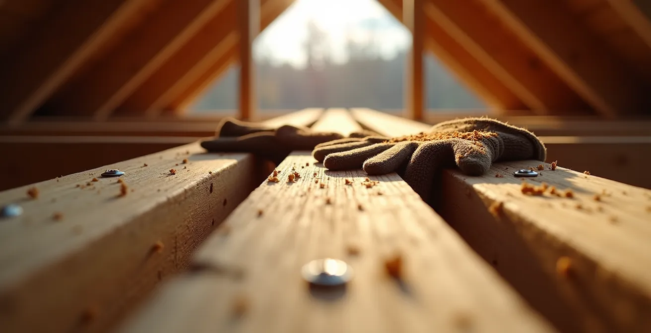 Close-up view of properly sistered ceiling joists using SPF lumber in Canadian attic renovation