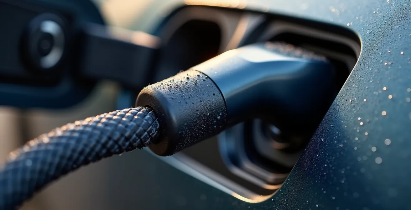 Electric vehicle charging in Canadian home driveway with solar panels visible on roof