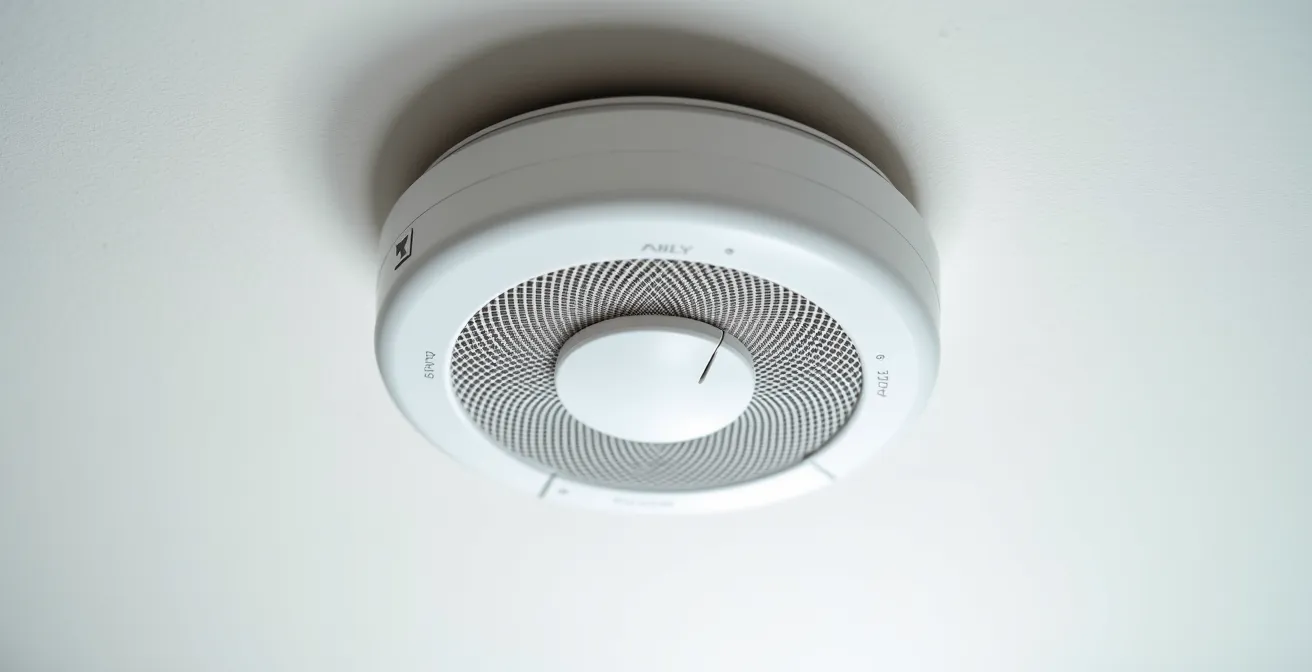 Macro shot of a modern smart smoke detector showing its sleek design and sensor array