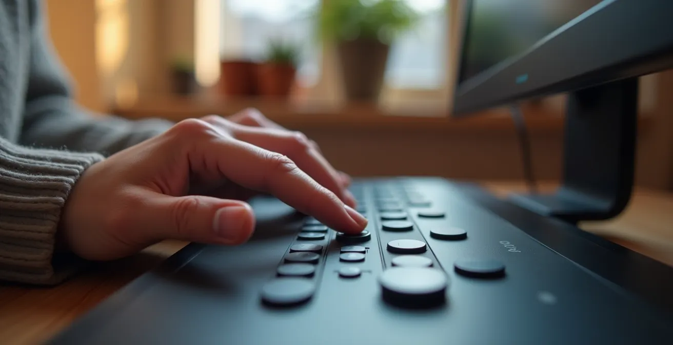 Close-up of hands adjusting a modern zone control panel with multiple room settings