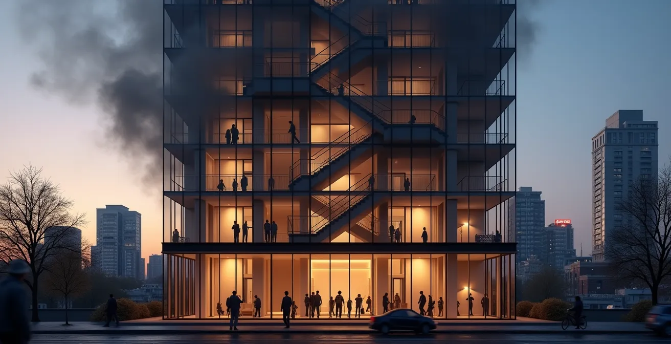 Cutaway view of high-rise building showing smoke movement patterns during fire evacuation