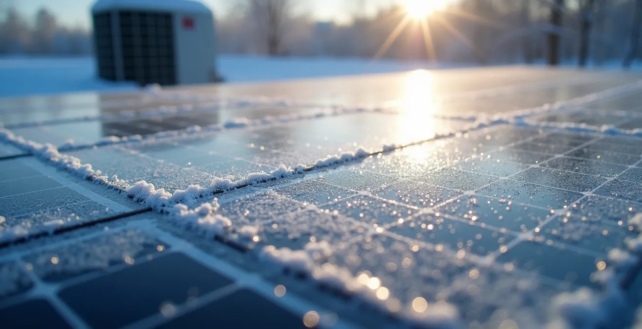 Solar panels on a snowy Canadian roof with a heat pump system visible in the background