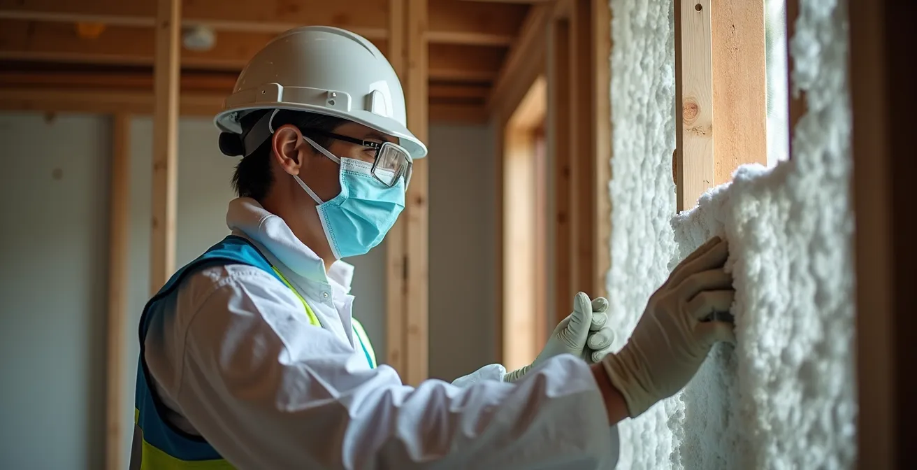 Professional inspecting spray foam insulation quality in residential wall cavity with inspection tools