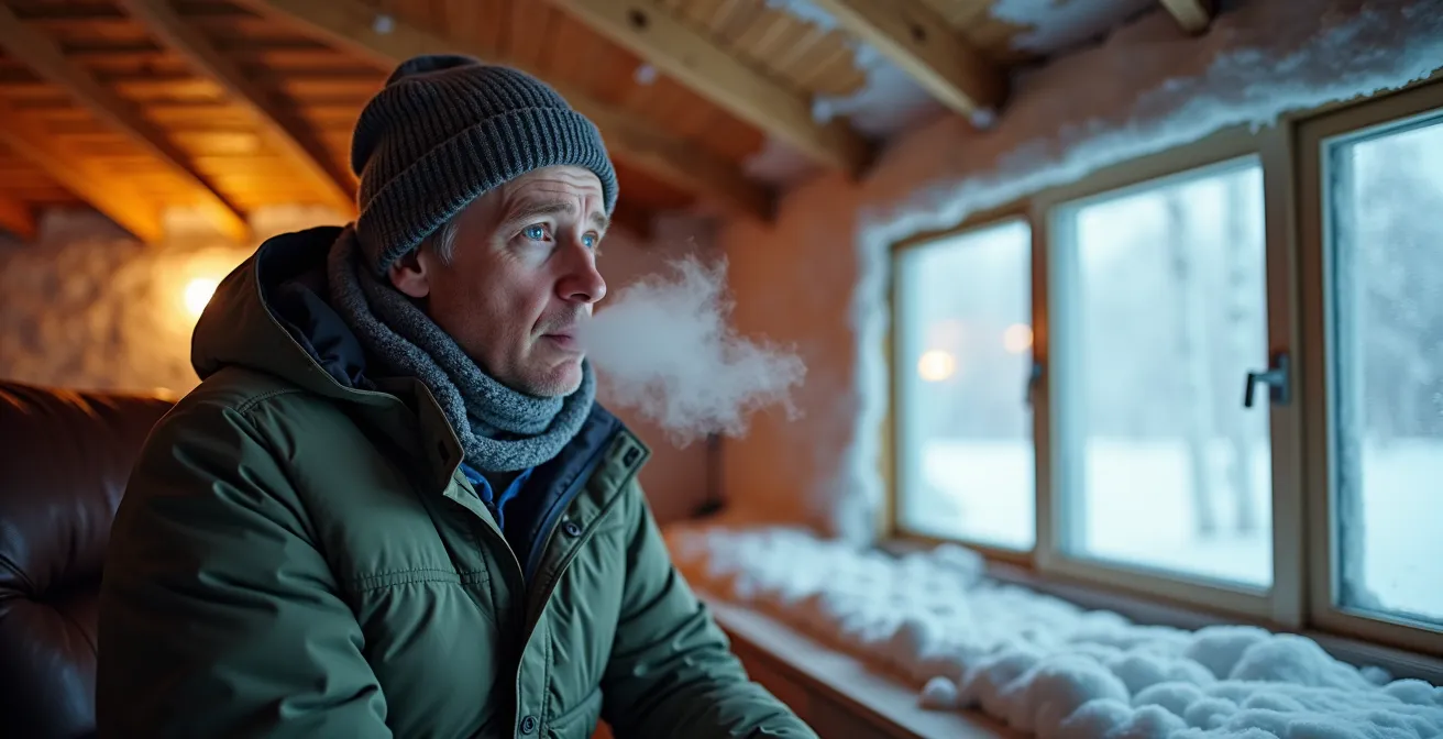 Cross-section showing stack effect air movement through unsealed rim joists in winter