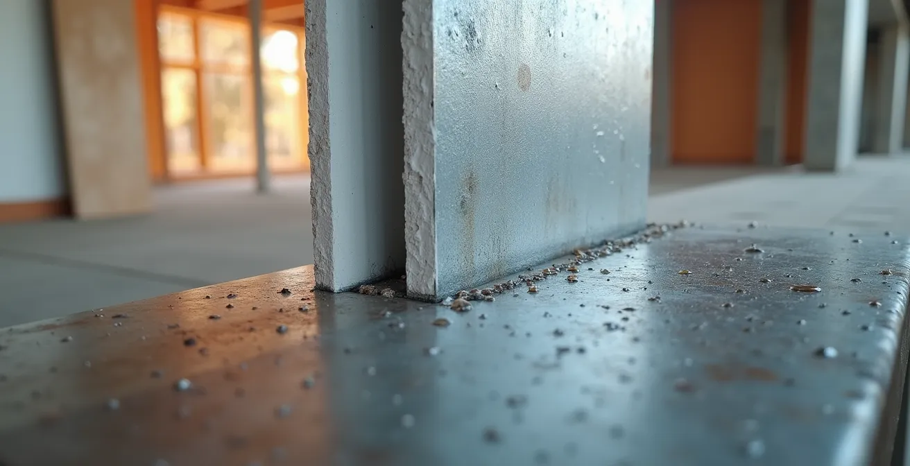 Close-up view of rigid foam insulation being installed on steel frame structure