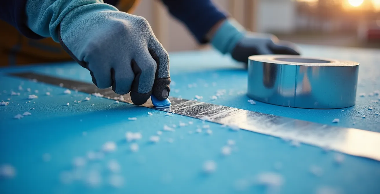Close-up of hands applying specialized tape to seal joints between rigid foam insulation boards on exterior wall
