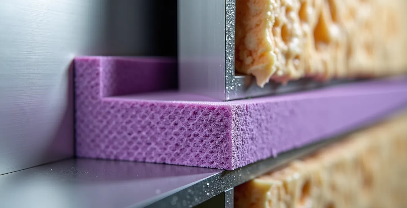 Close-up cross-section view of thermal break strips installed on wall studs