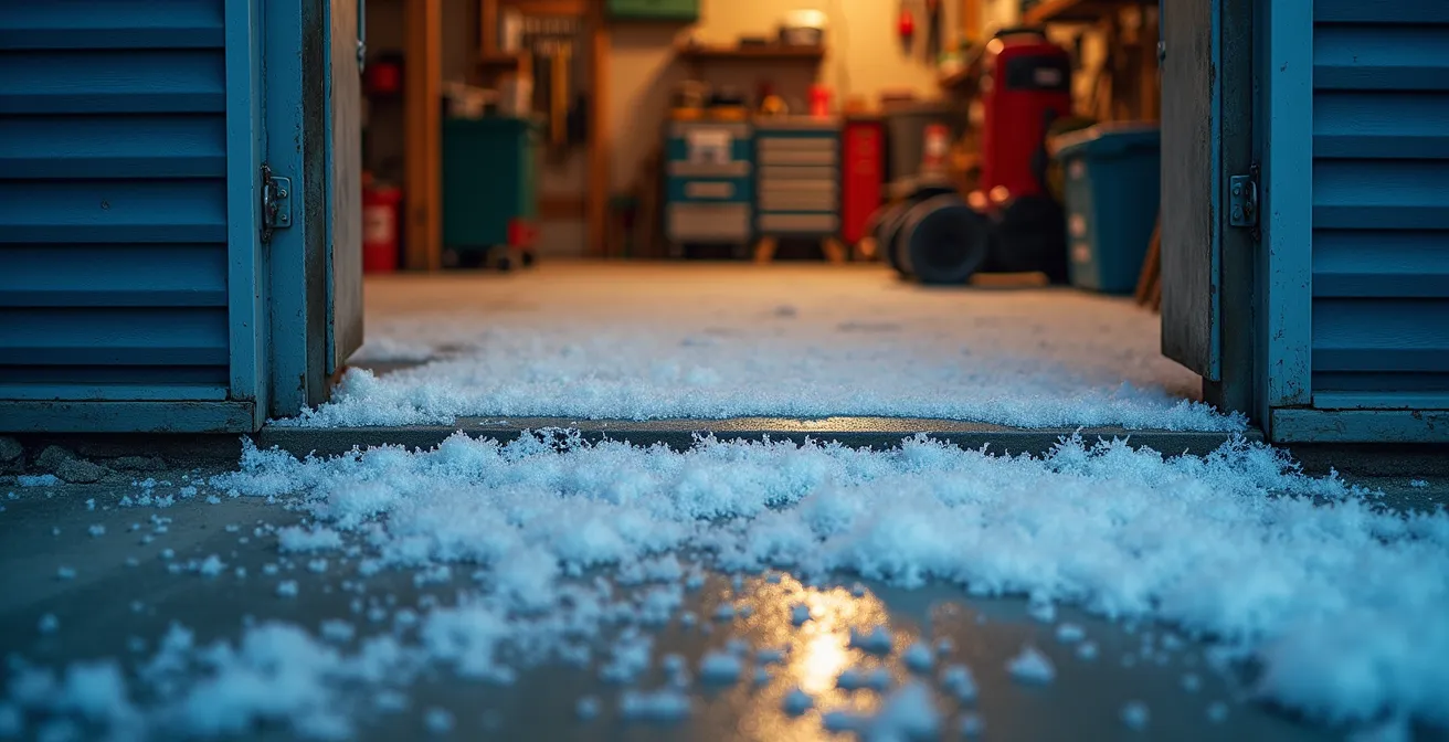 Cross-section view showing thermal bridging at garage door threshold with insulation detail