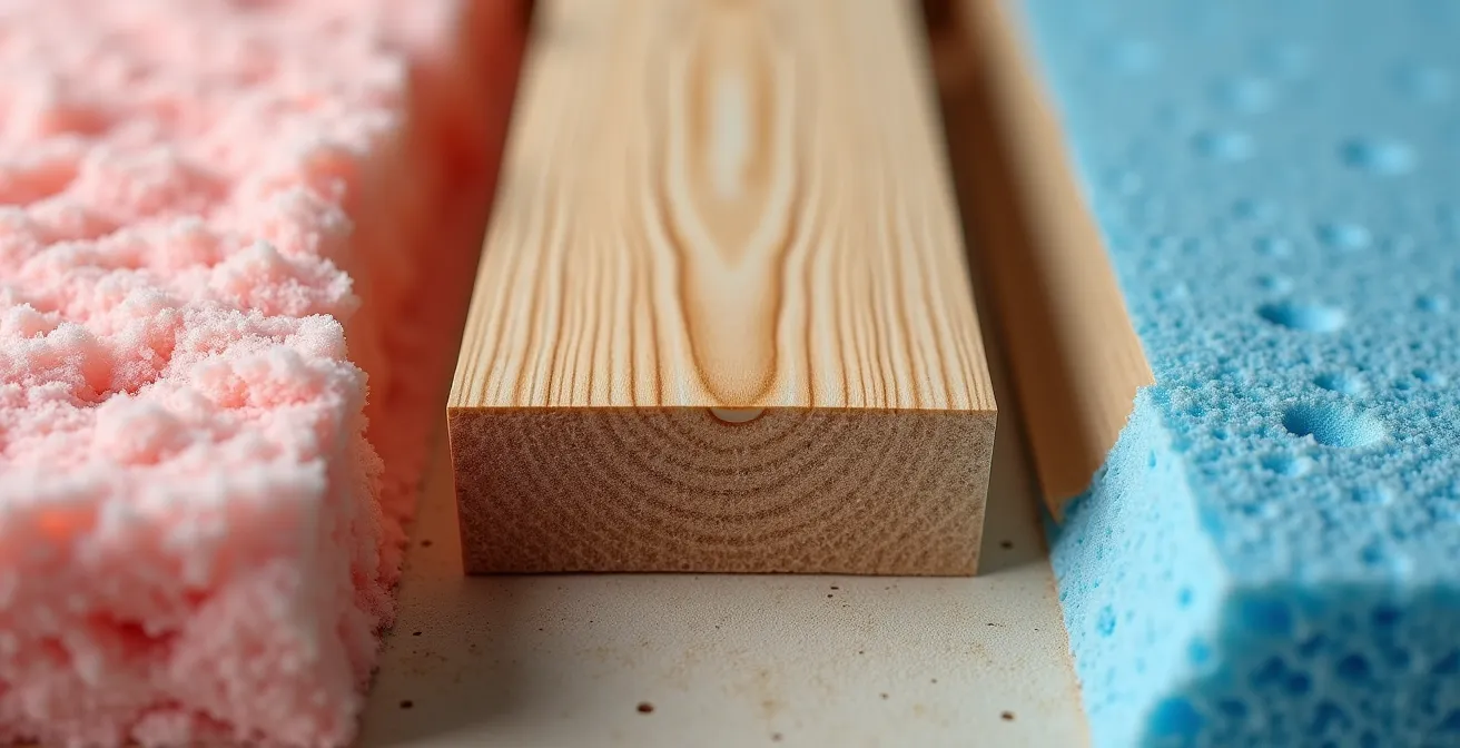 Macro view of a wood stud showing heat flow paths created by thermal bridging.