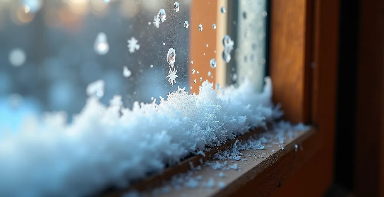 Close-up thermal imaging showing air infiltration around a window frame, with blue and purple colours indicating cold spots.