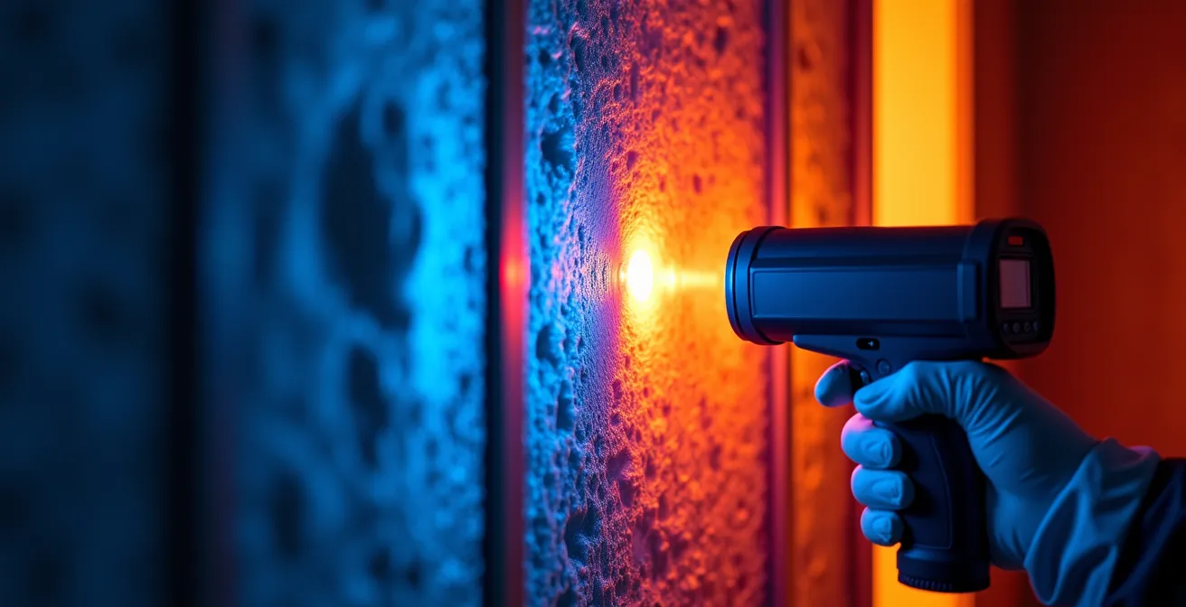 Split-screen thermal imaging view showing wall cavity before and after foam injection