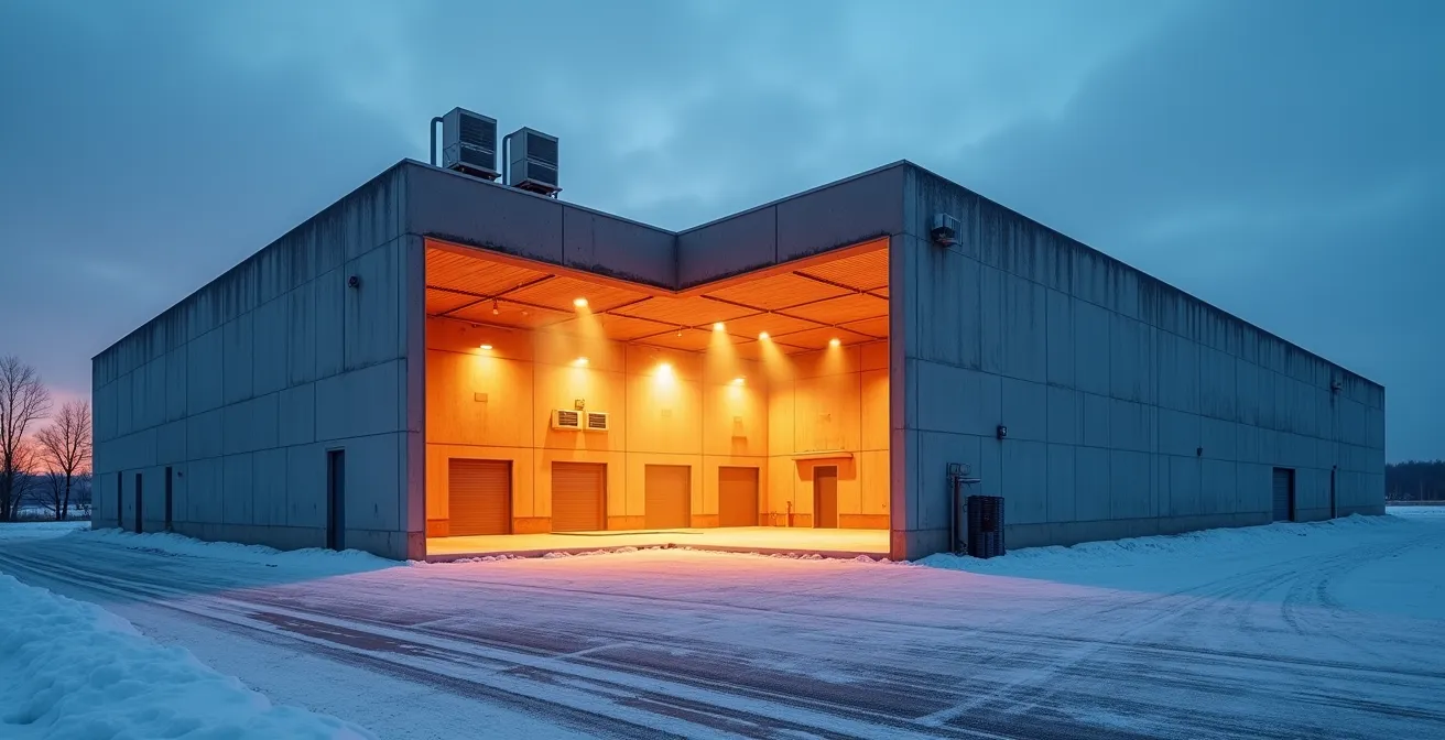 Cross-section view of concrete tilt-up warehouse showing thermal mass heat retention during Canadian winter night