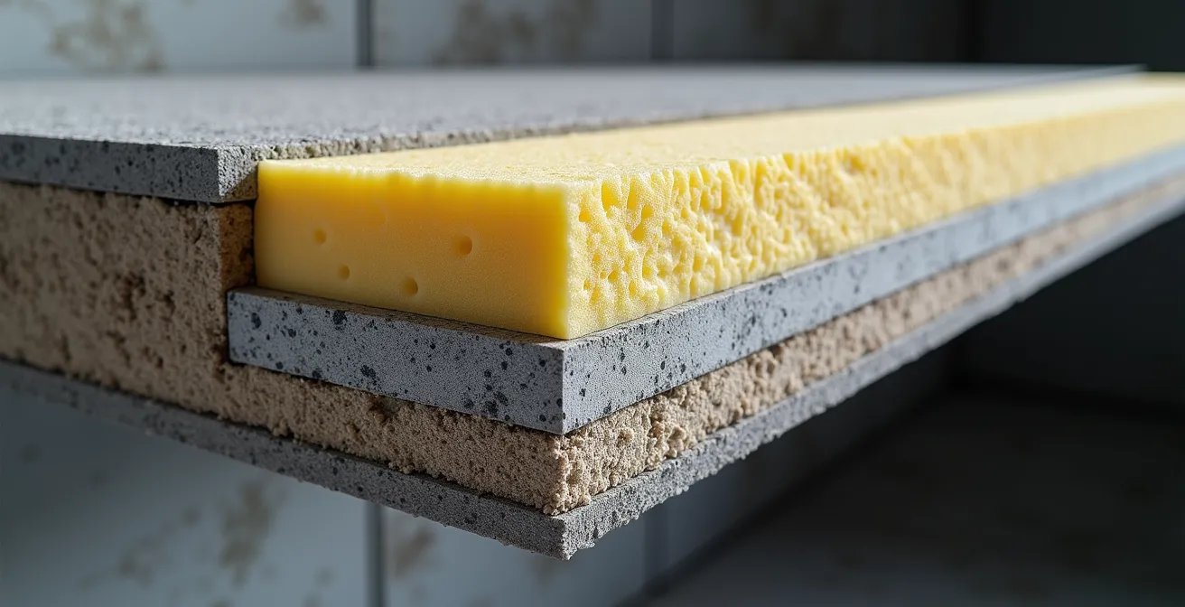 Detailed cross-section showing multiple layers of insulation beneath concrete slab with embedded hydronic tubing in a Canadian basement setting