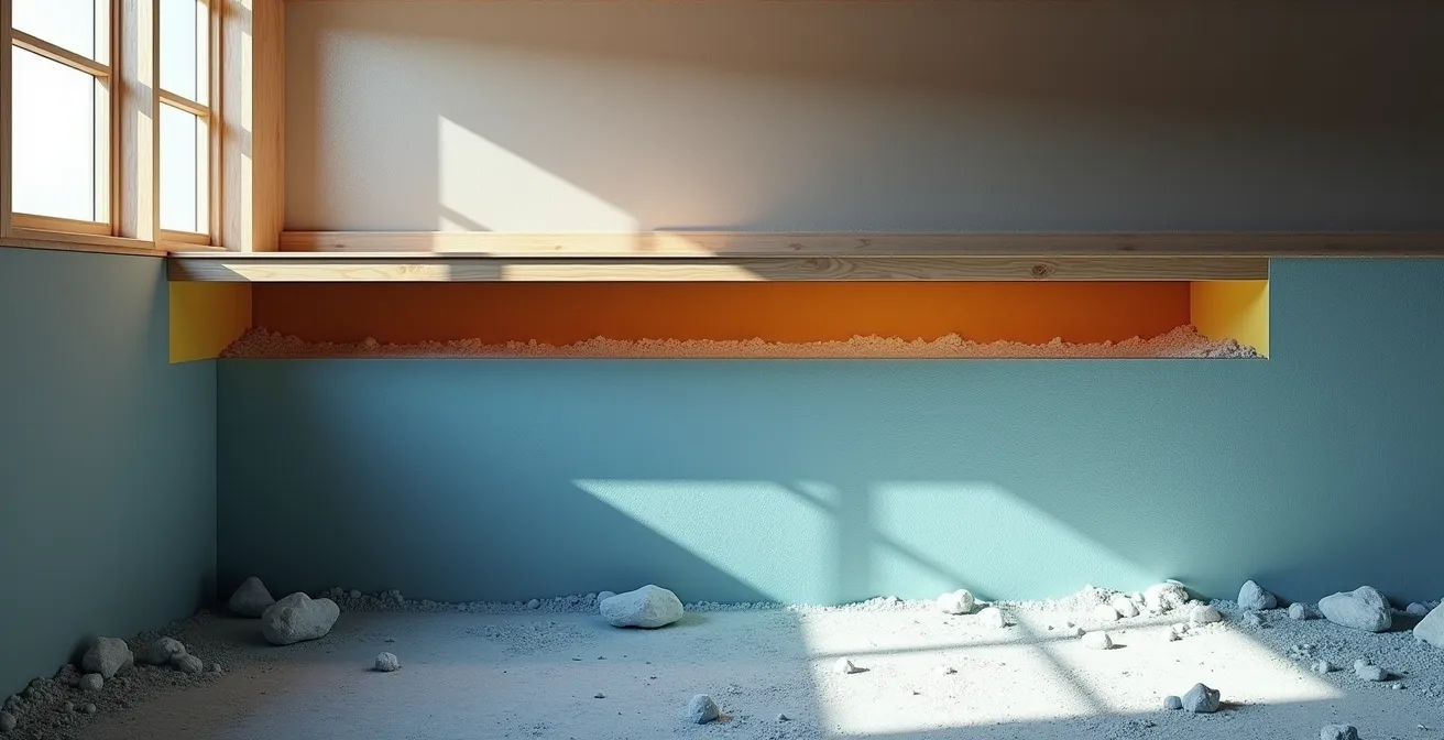 A cross-section diagram showing heat loss from a main floor through an uninsulated basement foundation.