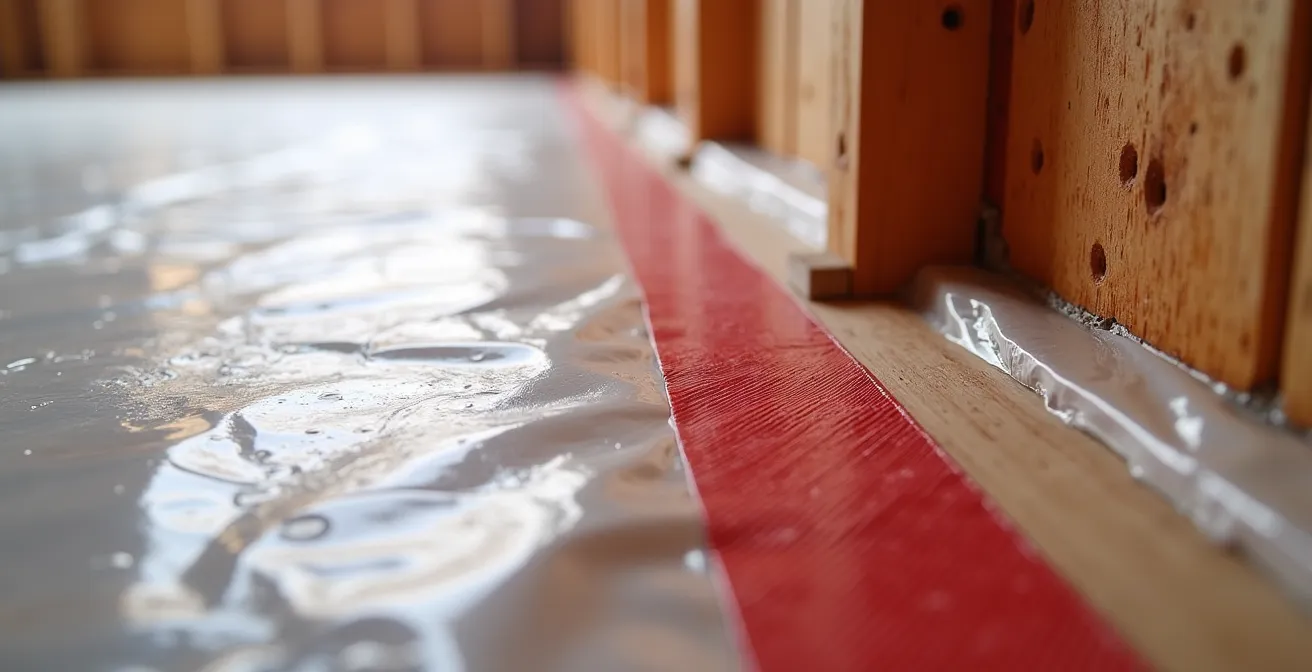 Extreme close-up of properly sealed vapor barrier at wall-floor intersection showing red tuck tape application