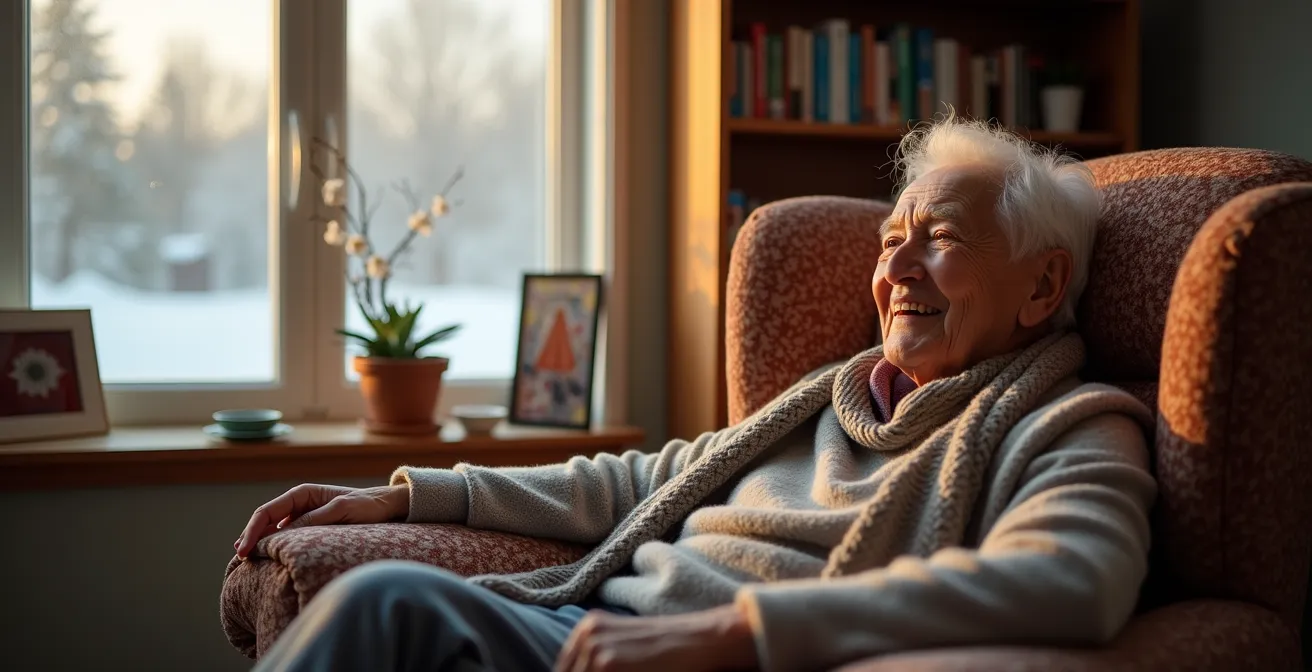 Senior using voice commands to control home heating system in comfortable Canadian living space