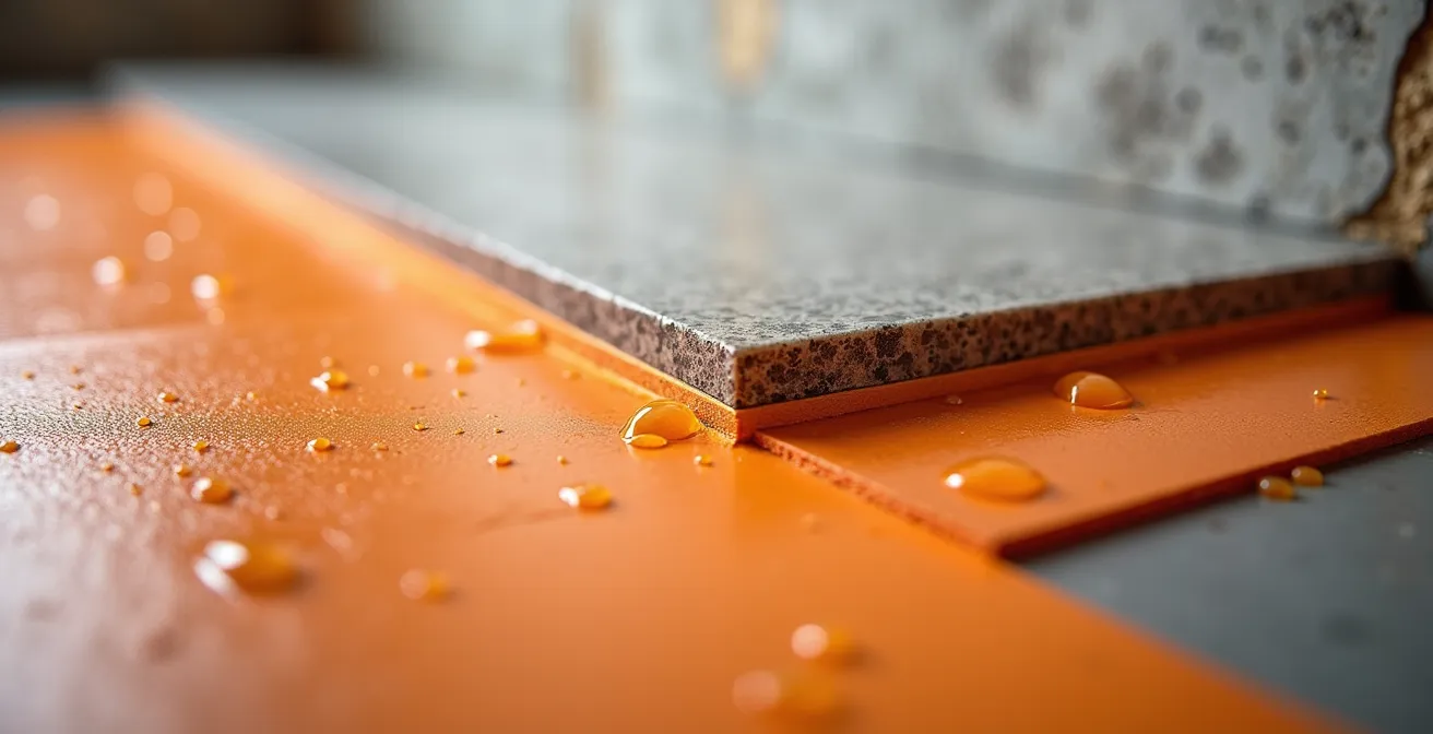 Close-up view of waterproofing membrane being applied behind bathroom tiles