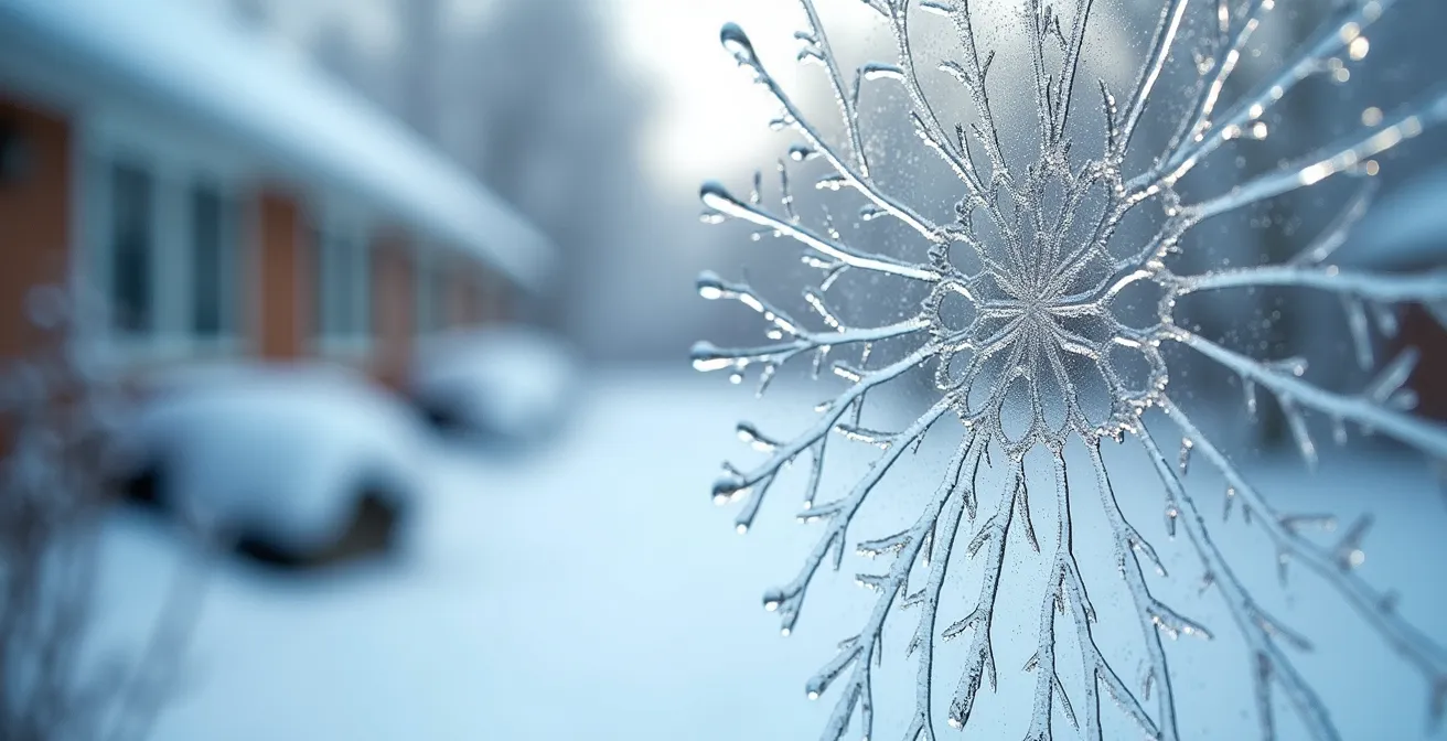 Macro shot of ice crystals forming on interior window surface with blurred winter landscape background