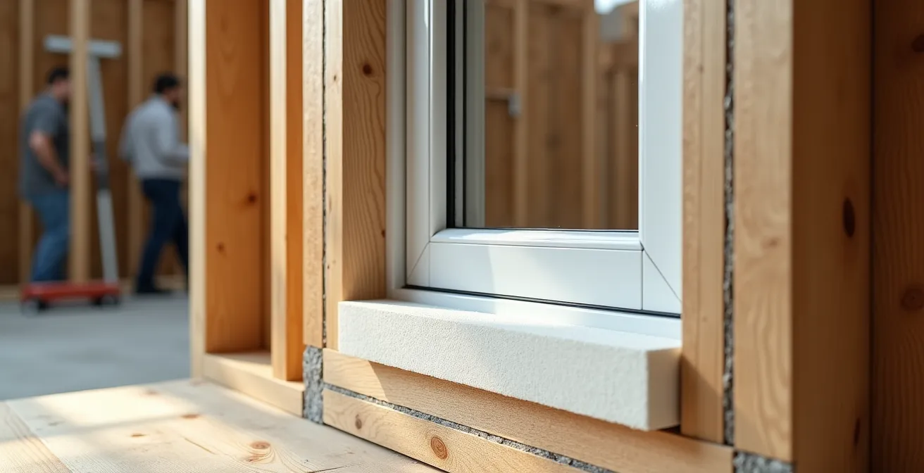 Cross-section view of window installation showing jamb extensions accommodating thick exterior foam insulation