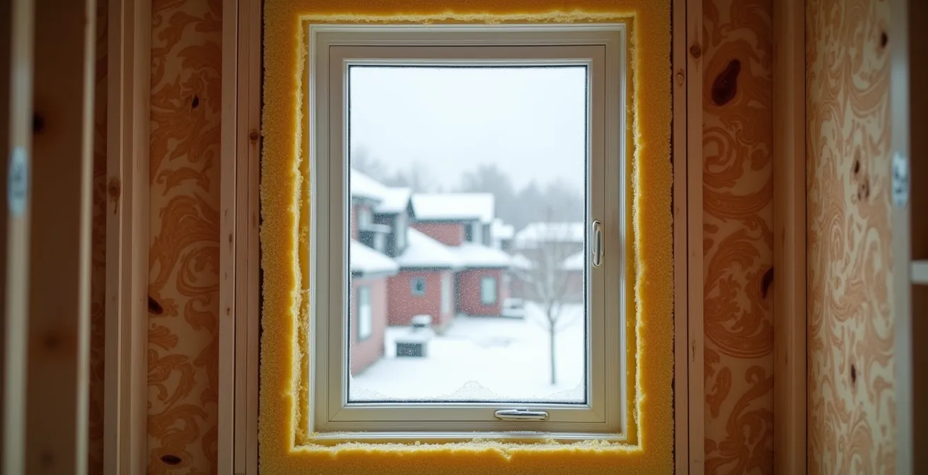 Cross-section view of window rough opening with proper insulation and air sealing techniques