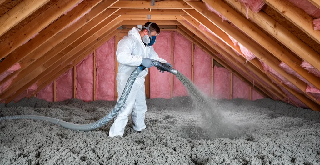 Technician installing blown-in cellulose insulation in residential attic