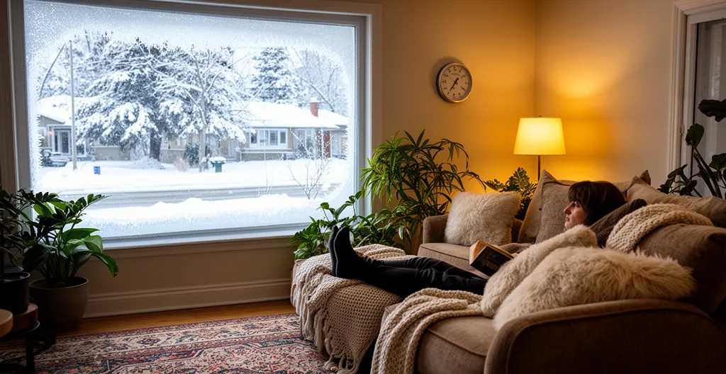Cozy living room interior with person relaxing, snow visible through window