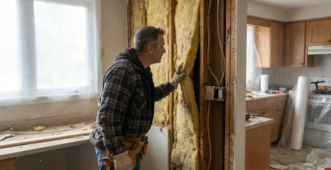 Contractor examining exposed wall insulation during kitchen renovation in Ontario home