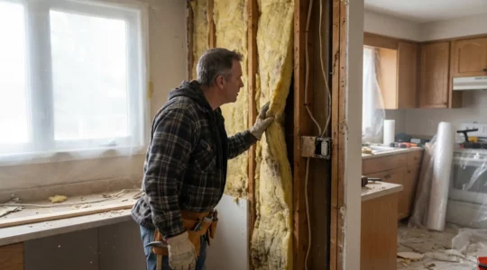 Contractor examining exposed wall insulation during kitchen renovation in Ontario home