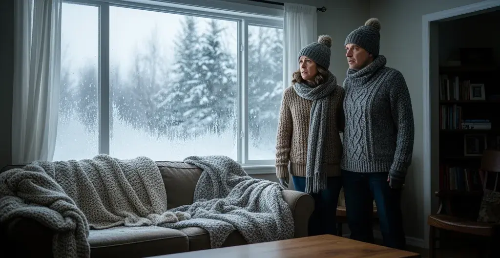 Homeowner couple looking concerned at frosted window with condensation in Canadian winter Homeowner couple looking concerned at frosted window with condensation in Canadian winter
