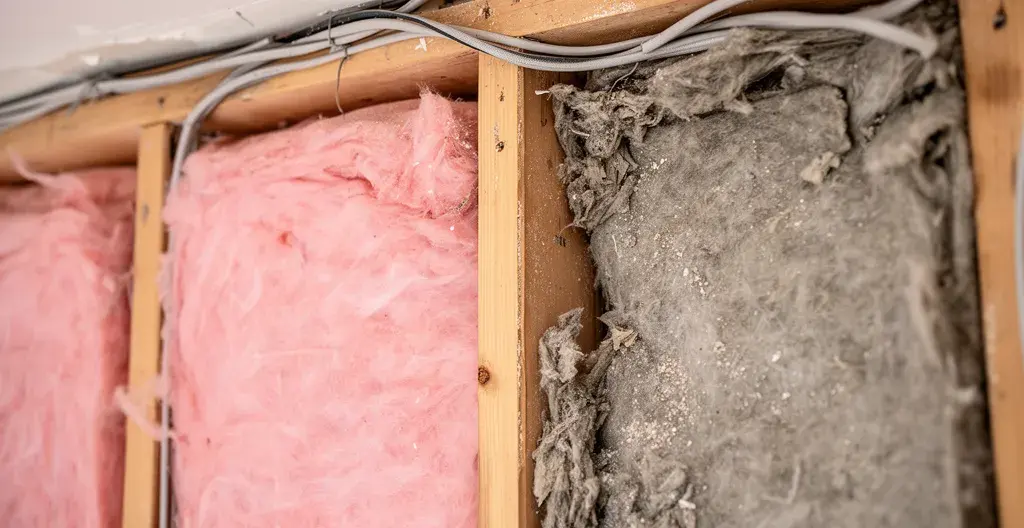 Wall cavity showing contrast between proper insulation batts and deteriorated old insulation Wall cavity showing contrast between proper insulation batts and deteriorated old insulation